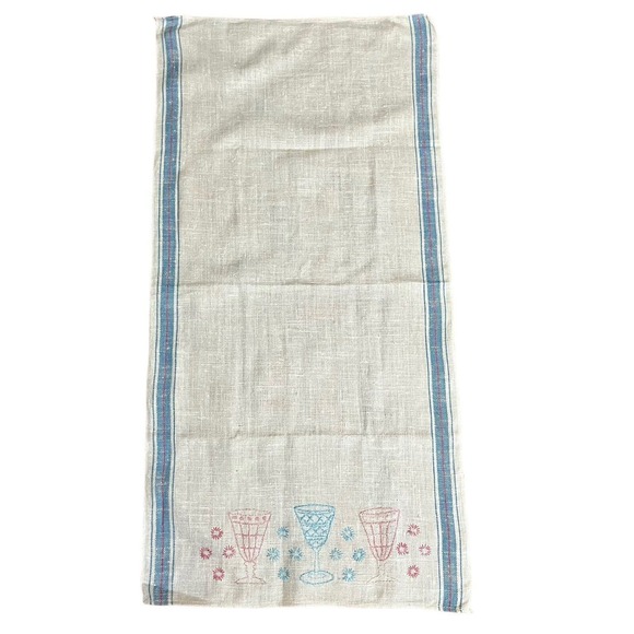 Vtg 50s Embroidered Kitchen Tea Towel Pink Blue Glasses Table Runner Cottagecore - Picture 1 of 11